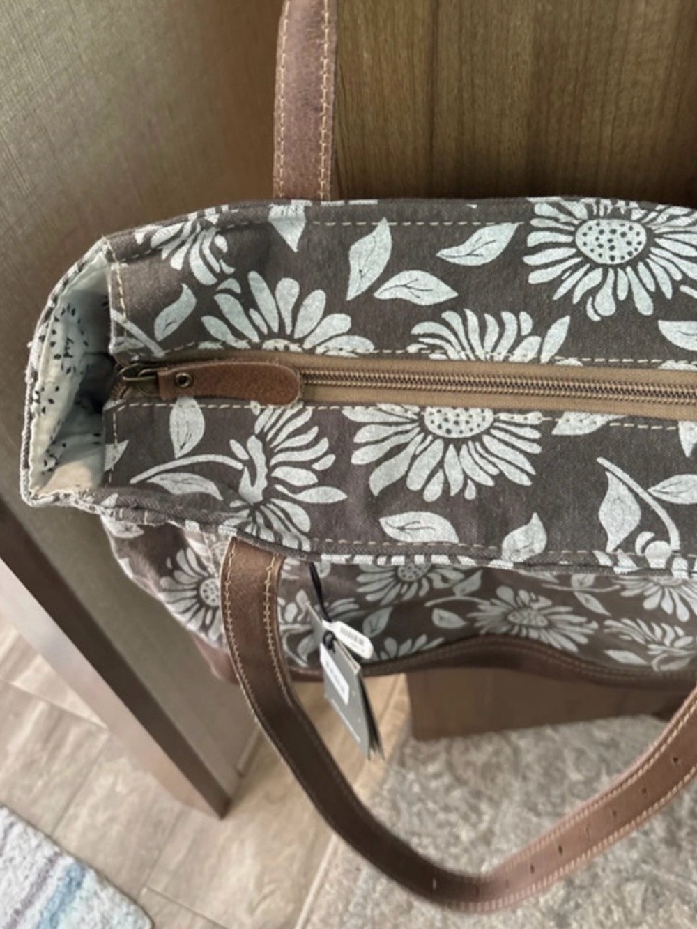 Myra Canvas Floral Tote Bag in Brown and White with Leather trim -NWT - Picture 7 of 8